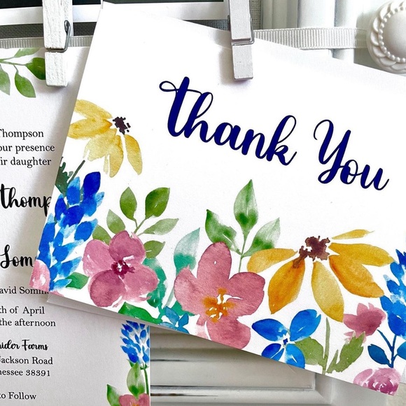 Colorful Spring Wildflowers Floral Set of 5 Blank Thank You Cards with envelopes - Picture 1 of 5